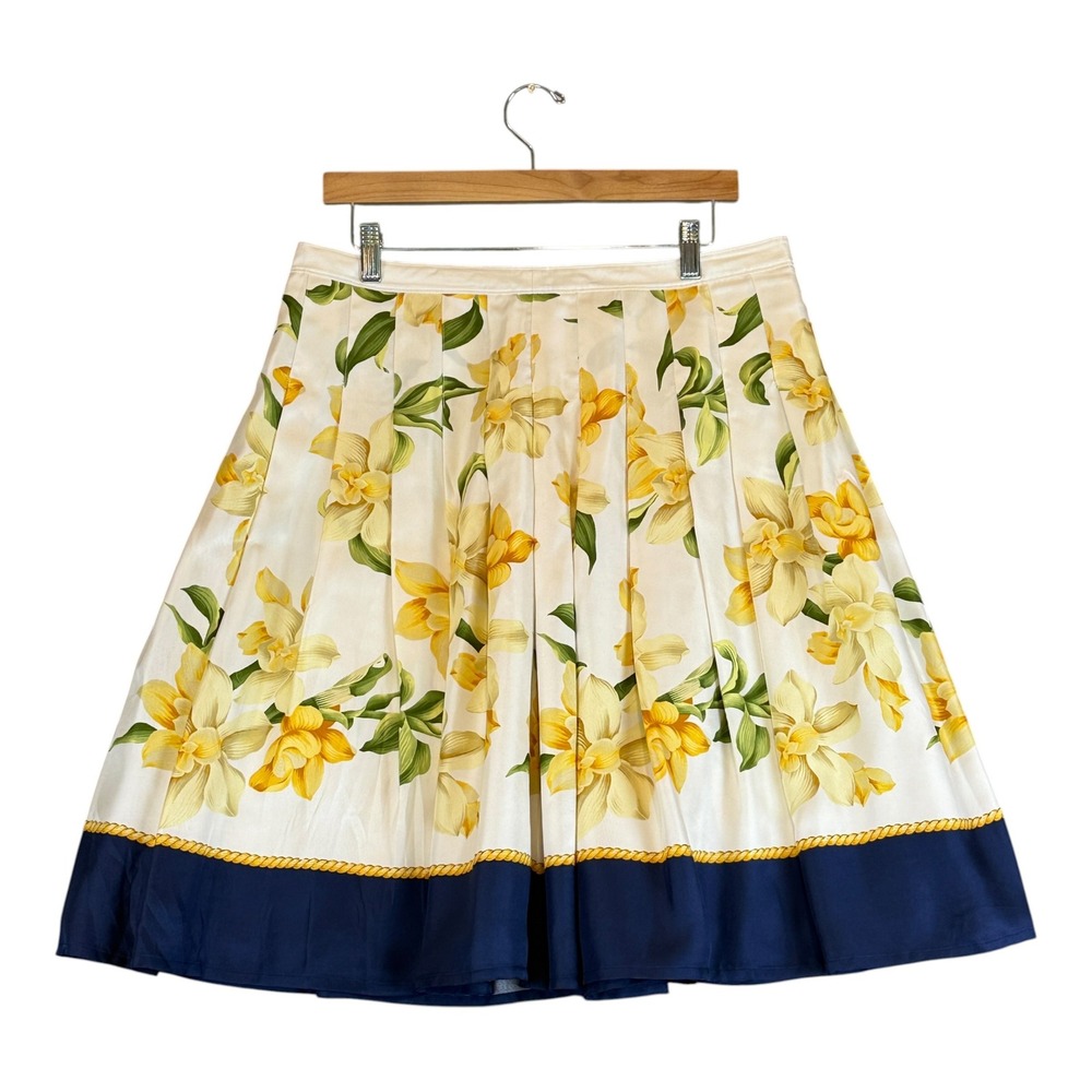 Tommy Bahama Silk Midi Skirt Womens 10 White Yellow Floral Pleated TW65162